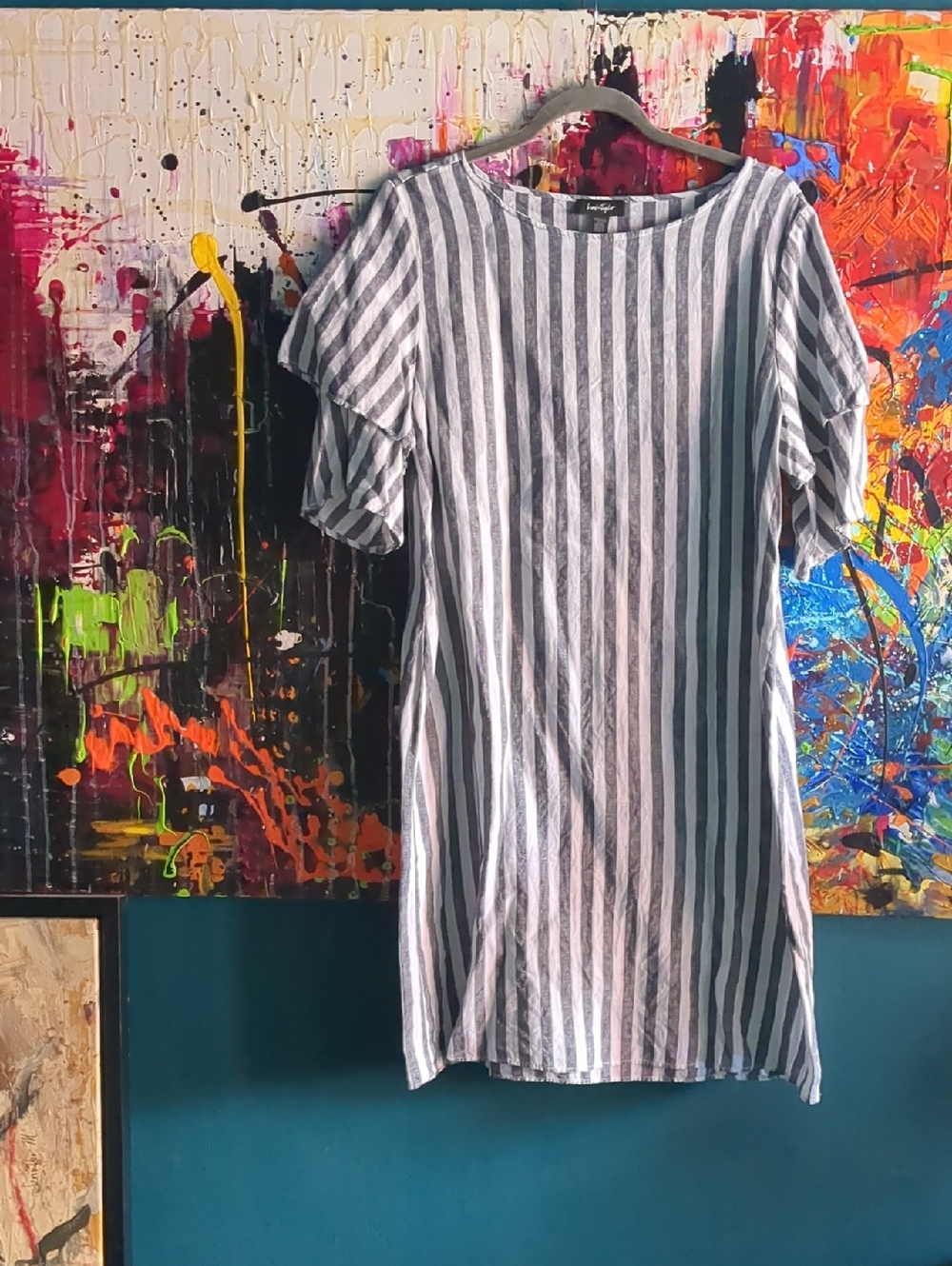 Linen Lord & Taylor Grey and White Striped Flutter Sleeve Shift Dress